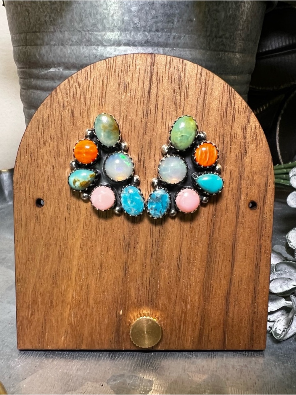 925 Sterling Silver Multi Stone Cluster Earrings Opal Turquoise Conch
